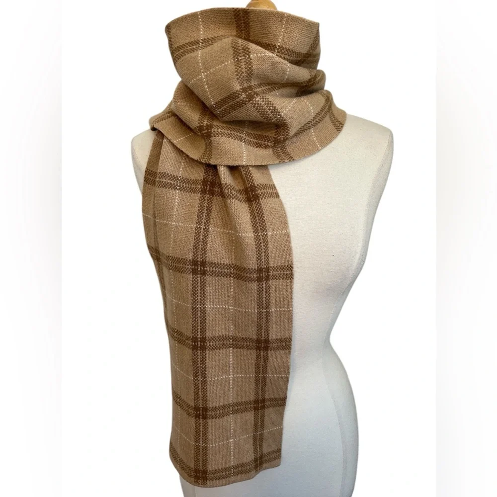 Brown,Tan,White Plaid Wool, Cashmere & Angora Blend Scarf Made n Italy 10”Wx66”L